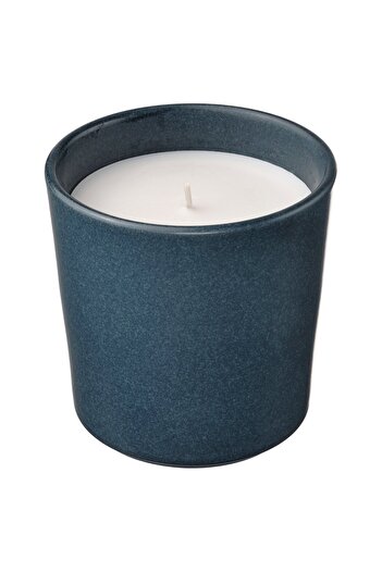 IKEA FRUKTSKOG Scented candle in ceramic jar, Vetiver & geranium/black-turquoise, 50 hr