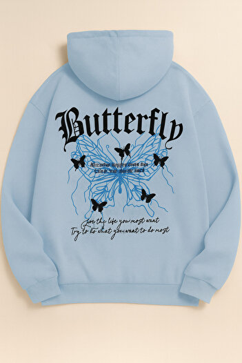 CLASSY.MODA Унисекс Oversize 3 İplik Hoodie 🦋✨ Суитшърт с качулка с мотив пеперуда Rahat Streetwear Stil