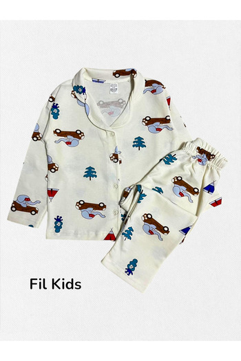 Fil Kids Boy's 100% Cotton Ecru Elephant Car Pattern Shirt Collar Buttoned Winter Pajama Set