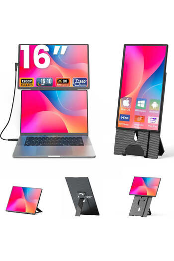 Velixo Dual Laptop Monitor, 16" IPS 1200P, USB-C, 360° Rotation, Plug & Play, Windows/MacOS, Stand Included
