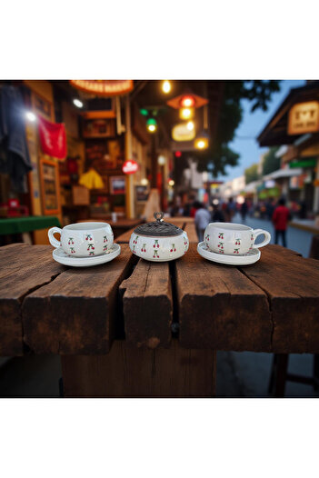 İlbay Çini Takı Beybi Cherry Mug and Poyraz Sugar Bowl with Bear Saucer