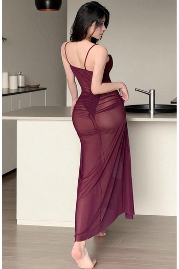 SİA LESS Women's Burgundy Transparent Strap Lycra Long Slit Dressing Gown and Women's Nightgown