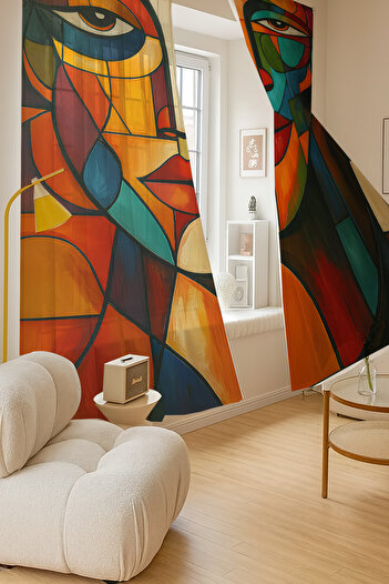 Else Dekor Abstract Face Pattern Double Panel Tulle Curtain for Living Room Lounge Kitchen 140X260Cm