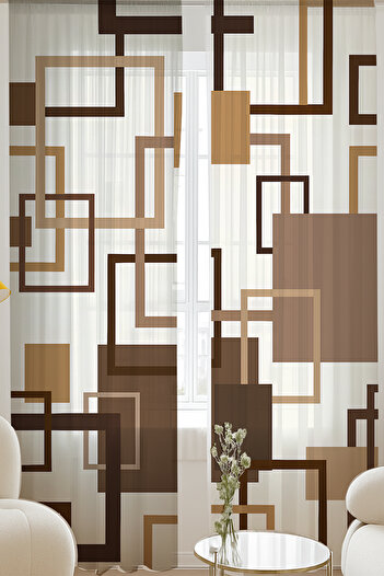 Else Dekor Brown Geometric Square Patterned Double Winged Tulle Curtain Living Room Hall Kitchen 140X260Cm