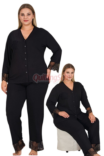 quilling Black Color and Lace Detail 11426 Women's Long Sleeve Front Button Plus Size Mom Pajamas Set