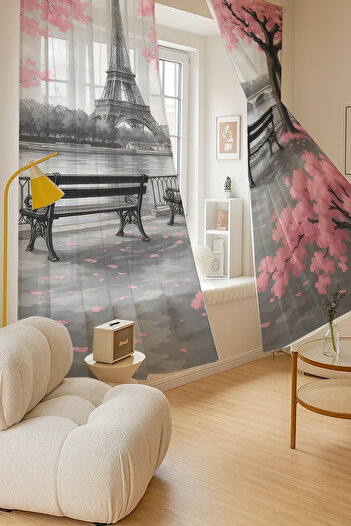 Else Dekor Paris Eiffel Tower Pink Floral Patterned Double Winged Tulle Curtain Living Room Hall Kitchen