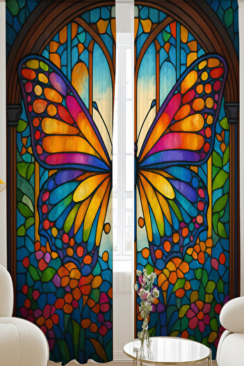 Else Dekor Colorful Butterfly Stained Glass Patterned Double Winged Tulle Curtain Living Room Hall Kitchen 140X260Cm