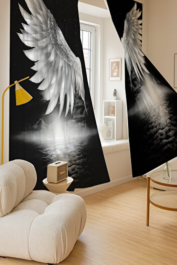Else Dekor Angel Wing Black and White Patterned Double Wing Tulle Curtain Living Room Hall Kitchen 140X260Cm
