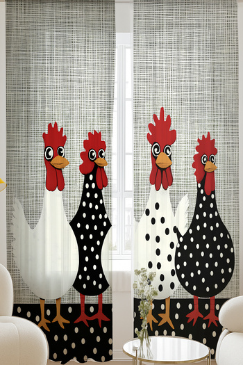 Else Dekor Chicken Rooster Polka Dot Patterned Double Winged Tulle Curtain Living Room Lounge Kitchen 140X260Cm