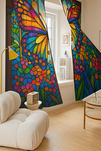 Else Dekor Colorful Butterfly Stained Glass Patterned Double Winged Tulle Curtain Living Room Hall Kitchen 140X260Cm