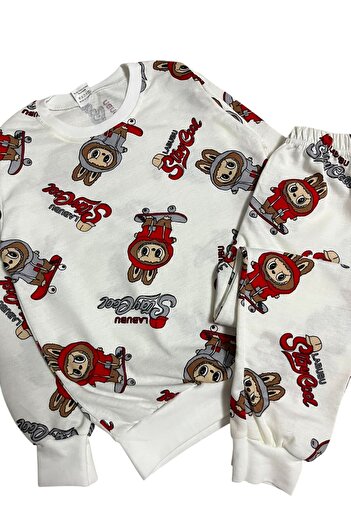 Fil Kids Set de pijamale cu mânecă lungă pentru băieți, din bumbac alb, cu model de skateboard Labubu