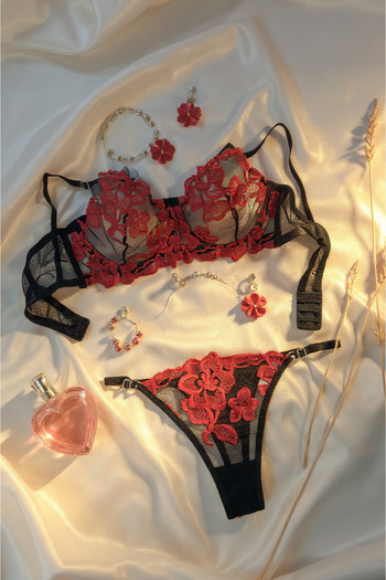 BELLA NOTTE Romantic 2 Piece Red Embroidered Underwear Set