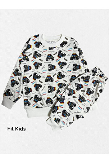 Fil Kids Boy's Cotton Ecru Color Monster Car Patterned Long Sleeve Pajama Set
