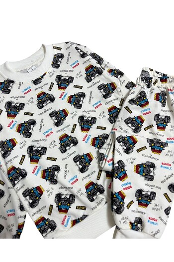 Fil Kids Boy's Cotton Ecru Color Monster Car Patterned Long Sleeve Pajama Set