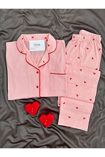 Lena Homewears Kırmızı Kalp Desenli Pembe Milan Pijama Takımı