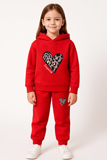 Let's Wear Leopard Heart Printed Children's Hooded Premium Compact Sweatshirt Tracksuit Set - 2 Piece Sport Set