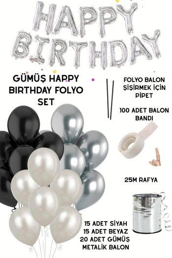 Baloncu Nene Happy Birthday Foil Set Black White Silver Balloon Party Birthday Decoration Set