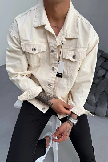 MADZEYMODA Men's Relaxed Fit Denim Fabric Beige Jean Jacket KE-636