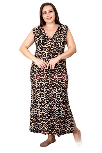 quilling Leopard Print Thick Strap Sleeve 7250 Women's Strap Neck Plus Size Mother Dress, Nightgown