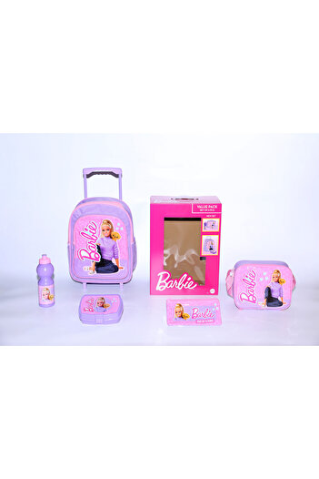 mattel مجموعة باربي ٥ في ١ - حقيبة عربة، حقيبة غداء، صندوق غداء، زجاجة ماء، حافظة أقلام