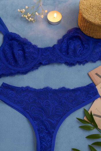 İntive Lingerie Set elegant de sutien și tanga din dantelă albastră transparentă