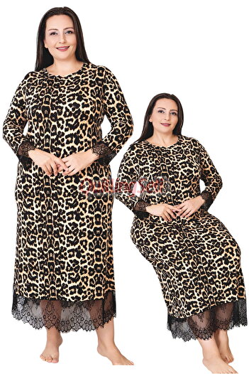 quilling Loepar Patterned Black Color 7284 Women's Plus Size Mother Nightgown with Long Sleeves and Lace Detail, Dress
