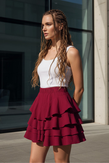EYYE Fusta mini pentru femei Mykonos cu volane burgundy