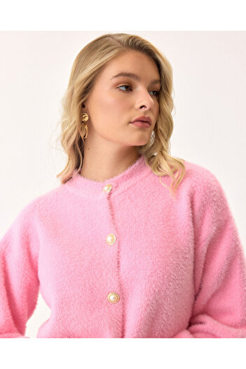 Lusin Women's Pink Stylish Pearl Button Detailed Luxury Quality Soft Knitwear Cardigan