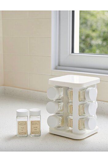 Pembelia Life White 12-Piece Glass Spice Rack Set with Rotating Stand