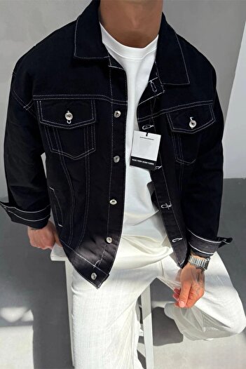 MADZEYMODA Men's Comfortable Fit Denim Fabric Stitching Detailed Back Printed Black Jean Denim Jacket Mz618