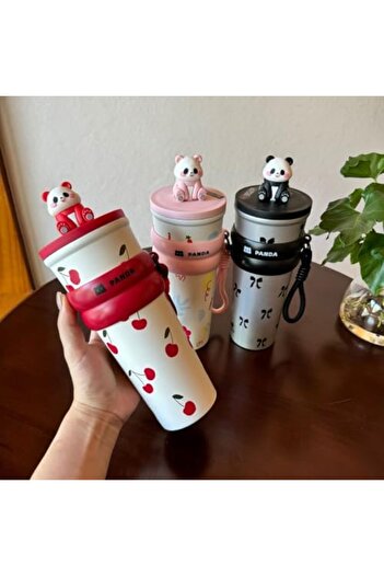 Generic 700ml Leak-Proof Insulated Panda Water Bottle with Straw | Stainless Steel Travel Mug with Dustproof