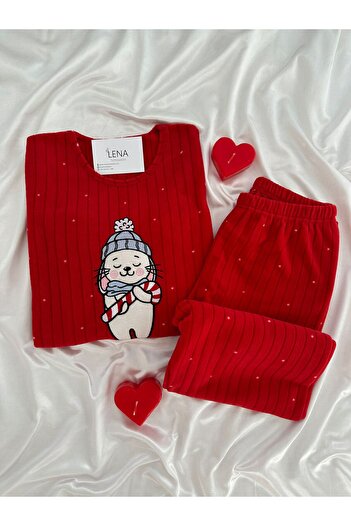 Lena Homewears Set de pijamale din lână roșie cu model cu pete