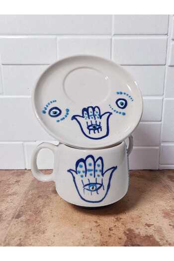 Home Ceramic Handmade Fatima Hand (Hamsa Hand) Blessing Plate Mug