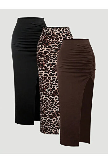 AEMİ Women's High Waist Gathered Detailed Leopard Black Brown 3-Piece Skirt