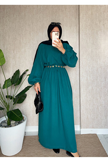 Moda Lippa Petrol Green Muslin Skirted Casual Suit with Elasticated Sleeves