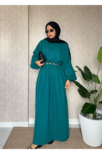 Moda Lippa Petrol Green Muslin Skirted Casual Suit with Elasticated Sleeves
