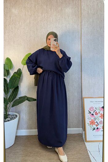 Moda Lippa Navy Blue Muslin Skirted Casual Set with Elastic Sleeves