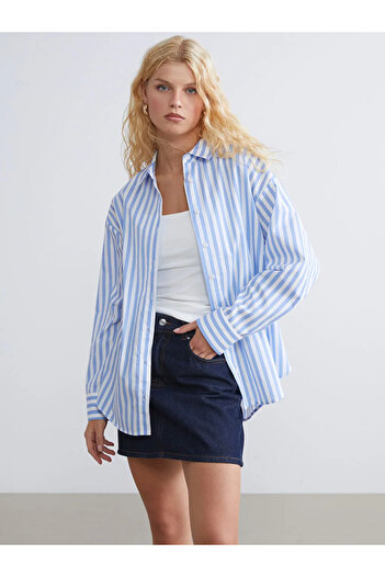 LC Waikiki Çizgili Oversize Poplin Kadın Gömlek
