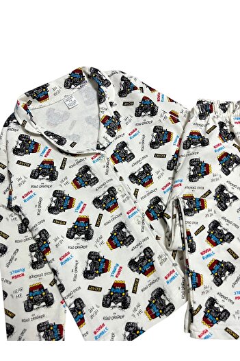 Pajama Shop Boy's 100% Cotton Ecru Monster Cip Patterned Shirt Collar Buttoned Pajama Set