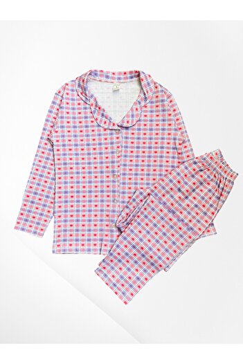 Pajama Shop Girl's 100% Cotton Pink Plaid Heart Patterned Shirt Collar Buttoned Pajama Set