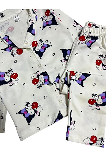 Pajama Shop Girl's 100% Cotton Ecru Color Kuromi Cherry Patterned Shirt Collar Buttoned Pajama Set