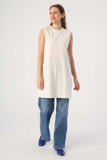 ALLDAY Ecru-Cotton Collared Sleeveless Tunic