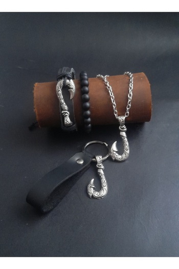 BSN Store 4 Piece Navy Embroidered Hook Figured Khaki Leather Bracelet Keyring and Necklace Set