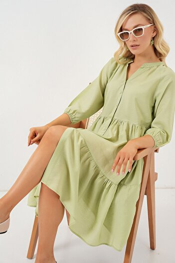 Hiccup Bdart Textured Midi Dress with Button Closure