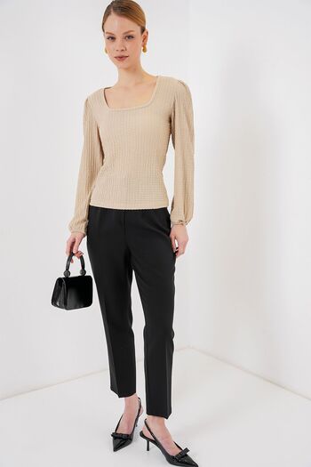 Hiccup Bdart Textured Square Neck Long Sleeve Blouse