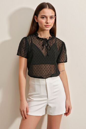 Hiccup Bdart Dotted Pompom Lace-Up Detailed Blouse