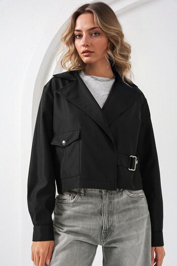 Hiccup Bdart Short Slim Polyester Trench Coat Shirt Collar