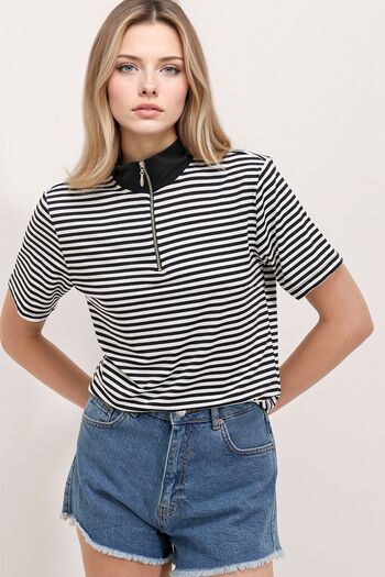 Hiccup Bdart Striped Zipper Collar T-Shirt