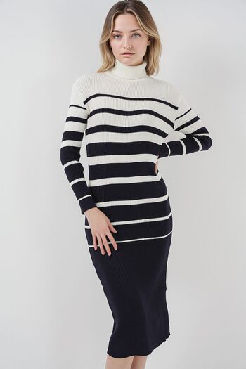 Hiccup Bdart Striped Ribbed Collar Midi Knitwear Dress