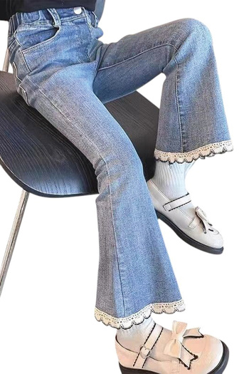 Song Feng Ya Lively High-Waisted Slim-Fitting Girls Denim Flared Trousers with Blue Wave Lace